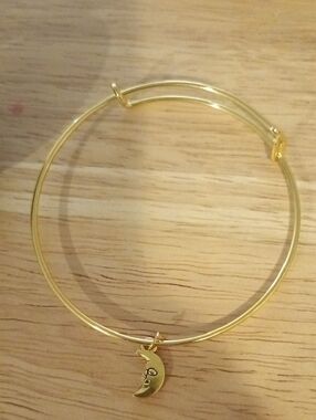 Hand Crafted Gold Crescent Moon Charm Bangle Bracelet